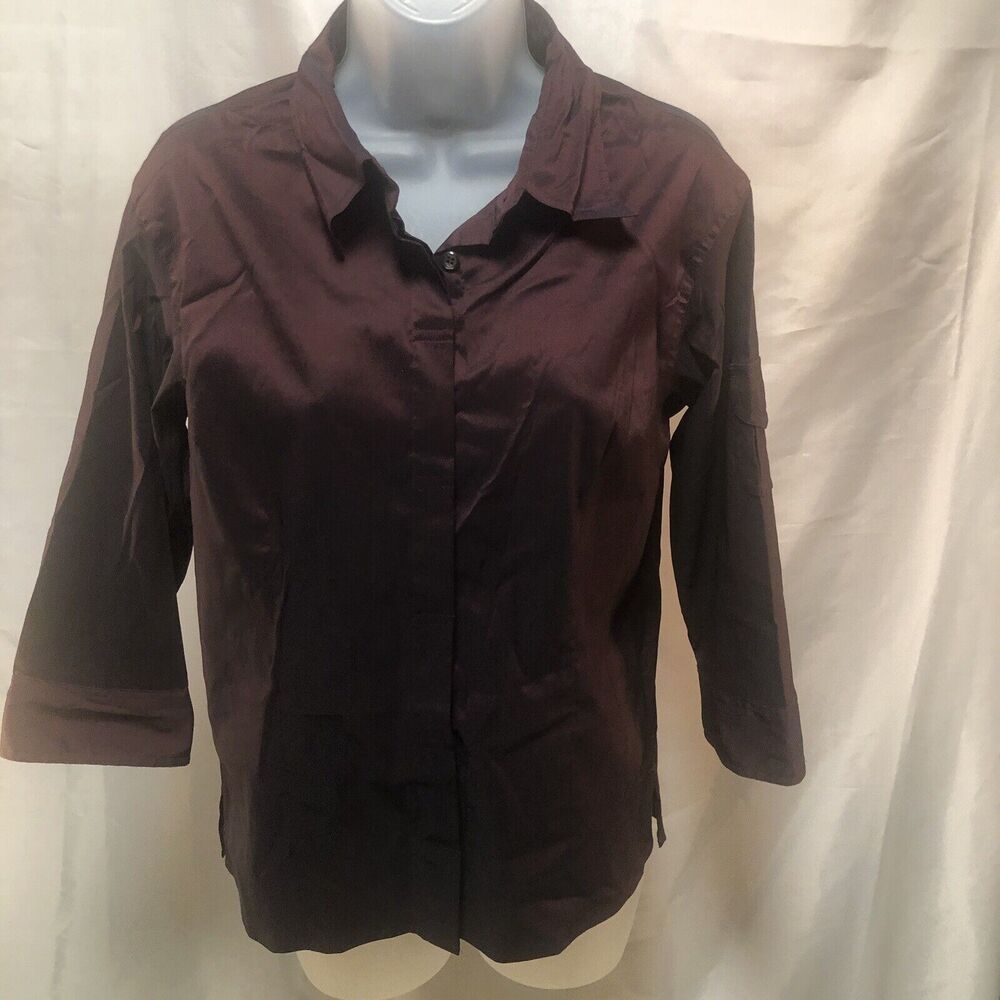 Color FX Purple Career Stretch Slim Button Up 3/4 Sleeve Size L Blouse